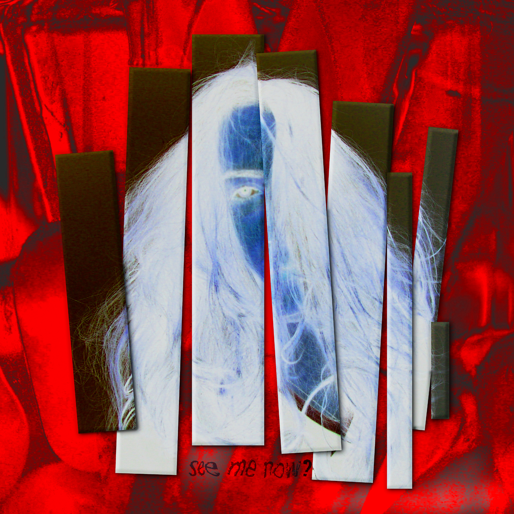 Shredded portrait in strips with the words see me now