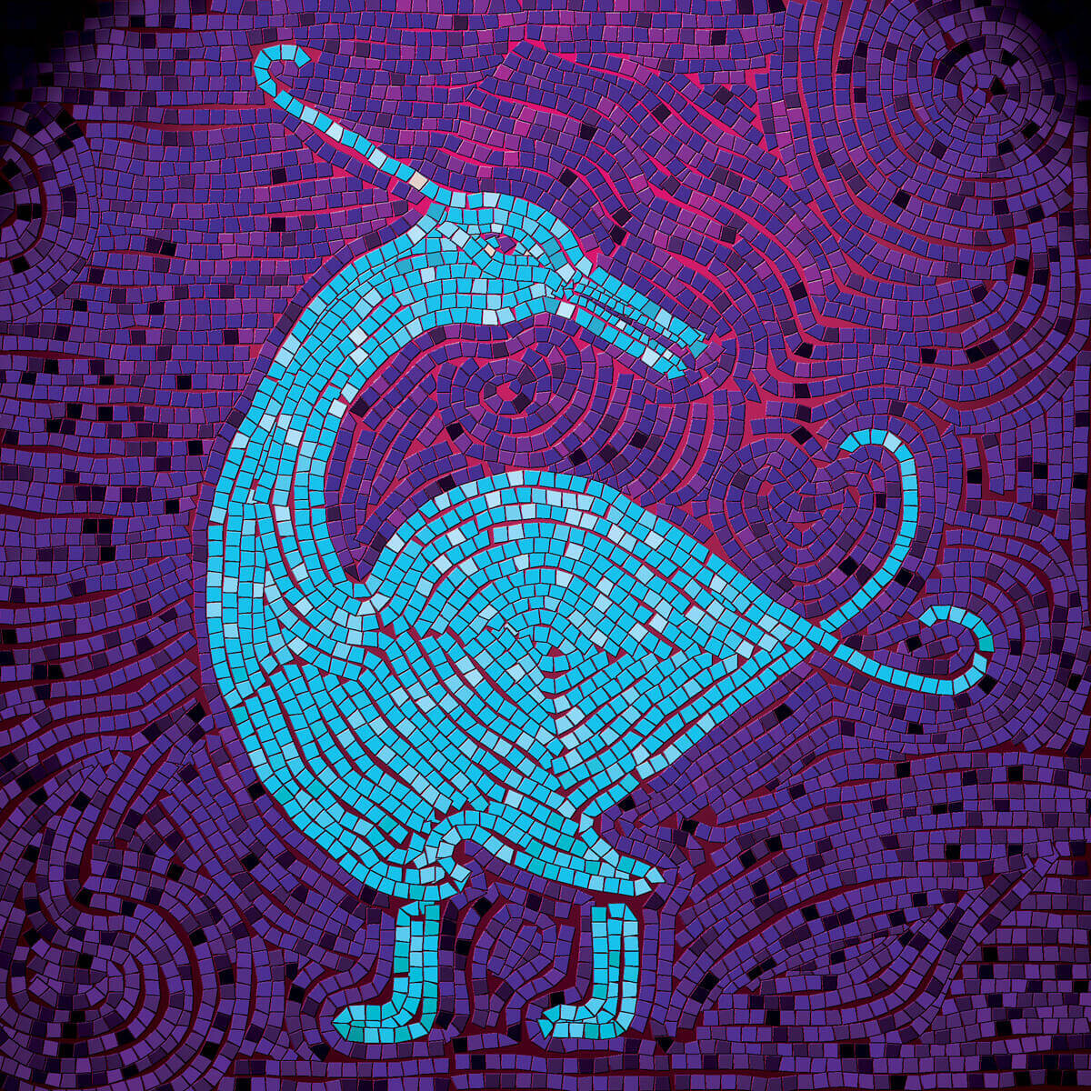 Turquoise mosaic creature on purple ground